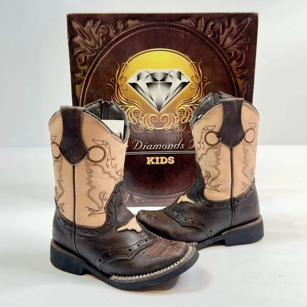 Kids White Diamonds Boots Square Toe Zipper Brown Beige Embroidered